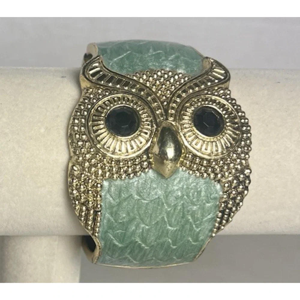 Owl Cuff Clamper Bracelet Lot Sea Green Enamel Silver Tone & Gold Tone Boho